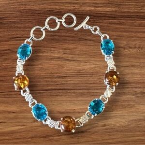 NWT Handmade Amber Blue Topaz Simulated Stone Silver Overlay Bracelet